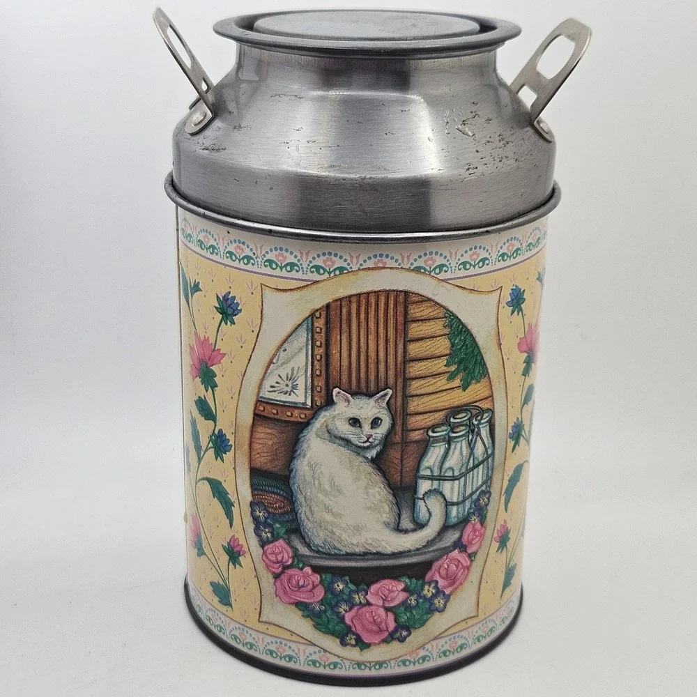 Vintage‎ Cat Milk Can Cookie Jar Tin Canister Cottagecore Farmhouse Kitty Decor